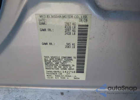 2020 Nissan Altima S Fwd из США, поврежденный, VIN 1N4BL4BV9LC142758